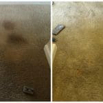 A before and after picture of the carpet in the house.