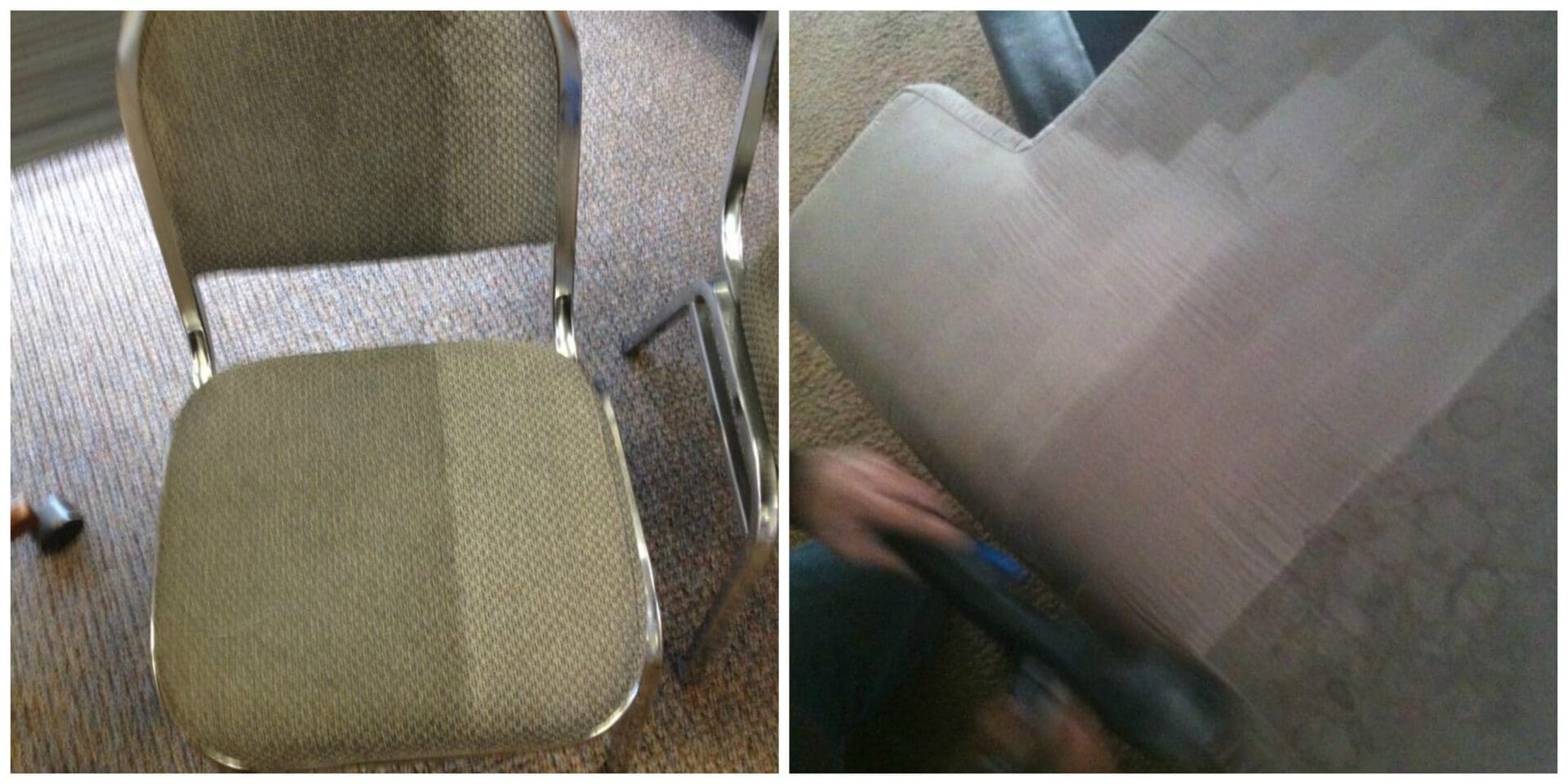 A chair that is sitting on the ground and another chair that has been cleaned.