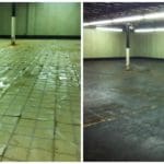 Two pictures of a room with dirty floors and a floor.