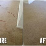 A before and after picture of the carpet in the house.