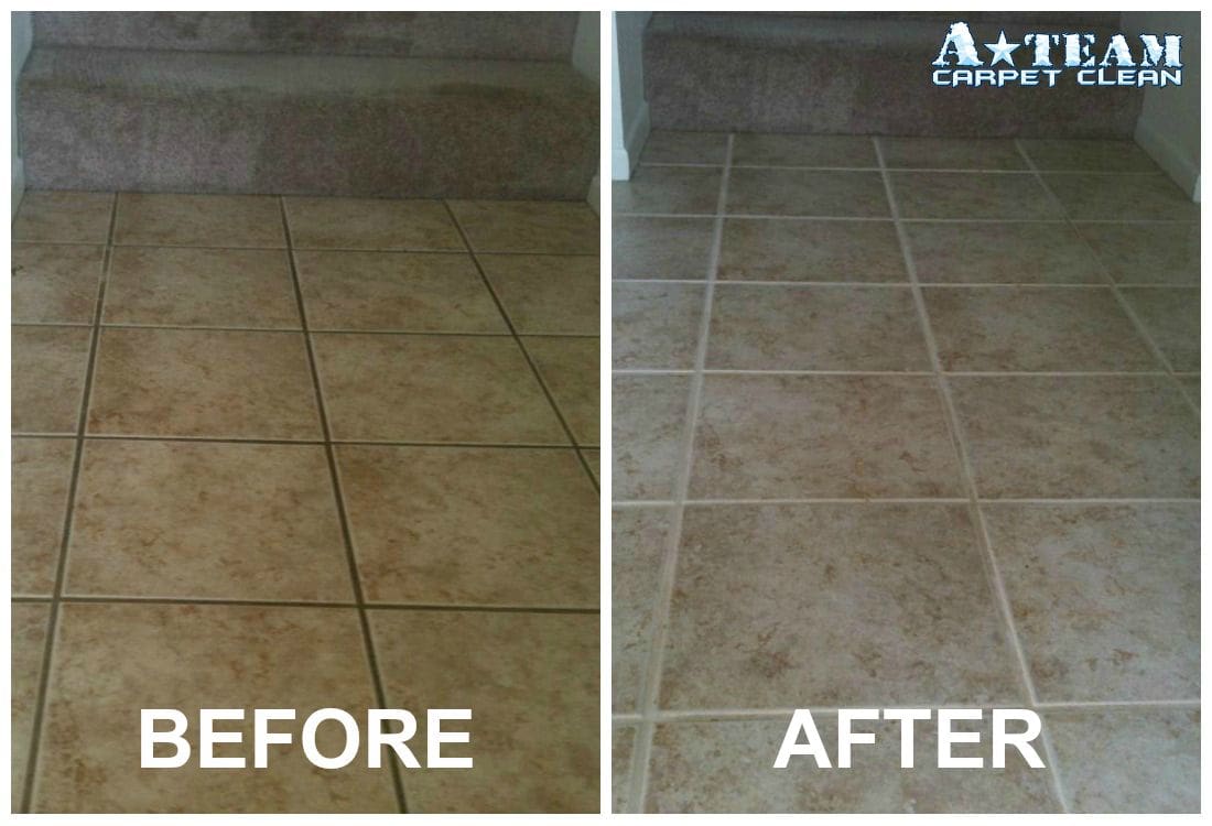 A before and after picture of tile grout cleaned.