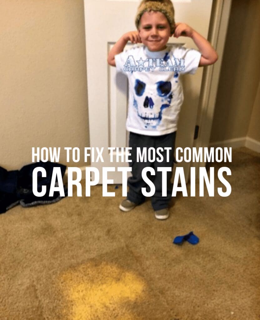 A boy standing in front of a carpet stain.