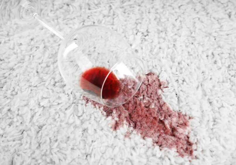 A glass of wine is on the floor.