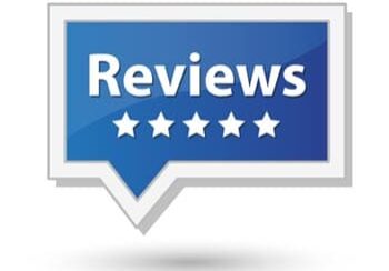 A blue and white review button with five stars.